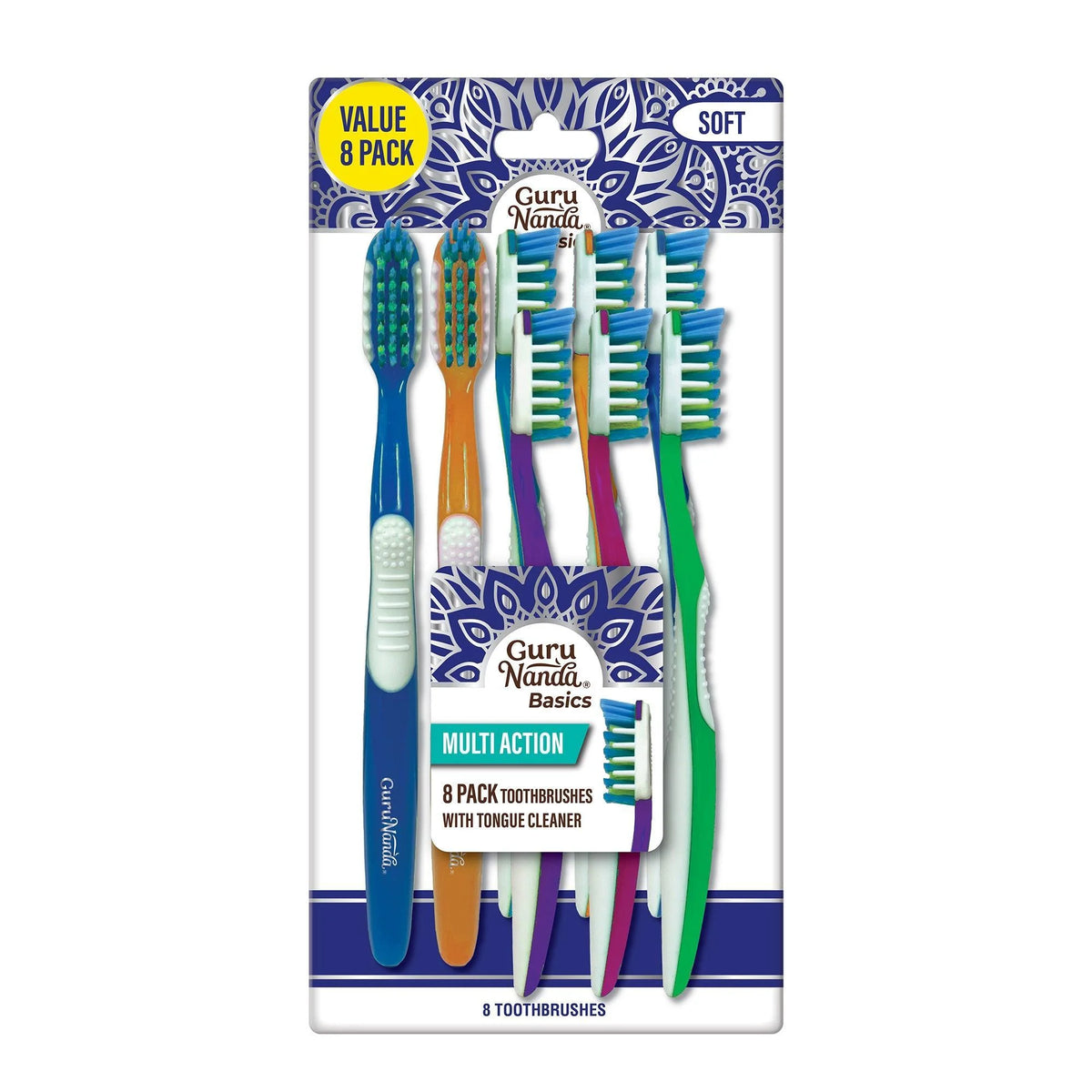 Multi-Action Toothbrush with Tongue Cleaner – 8 Pack